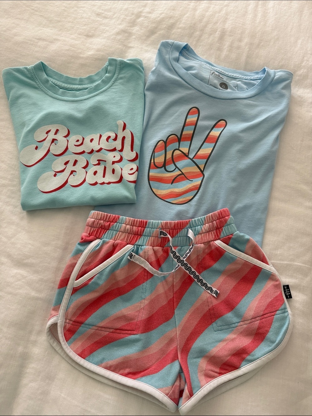 Feather 4 Arrow Cotton 3 pc Set - Aqua 2 Tees & Striped Shorts sz 6 and 5